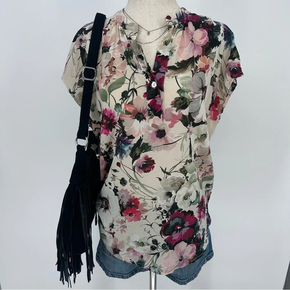 Silk Floral Blouse Cottagecore Romantic Top Sheer Femme Amour Vert XS - Picture 1 of 7